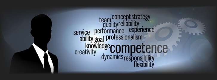 Foto Mann mit Text Competence, Performance, Service etc.