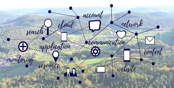 Netzwerk mit Suche, APP, Account, Website etc. im Hintergrund Spessart