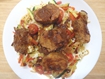 Filet mit Gemüse auf Spaghetti